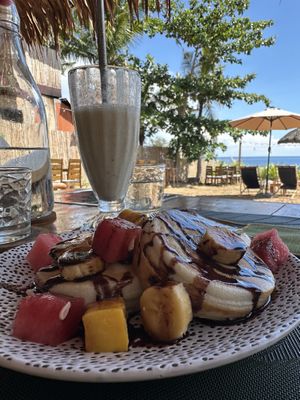 Vegan pancakes + chocolate sauce & fruits   at Belle's Beach Bar in San Juan