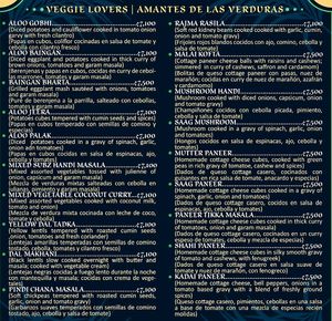 Veggie menu  at Namaste Indian Restaurant in Manuel Antonio