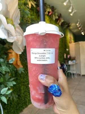 Watermelon Slushie w/Fresh Fruit and Vegan Friendly Lychee 😛💕 Awesome Service. Highly Recommend!  at Tea O'clock in San Leandro