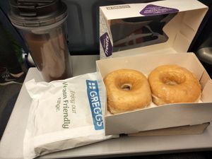 Vegan donuts & a vegan steak bake in the bag. at Greggs - Kings Cross in North London
