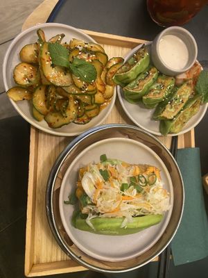 Cucumber salad, veggie dumplings and bang bao with Tofu   at Home of Dumplings in Berlin