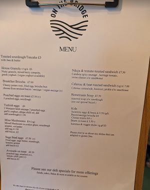 Menu with vegan options. More vegan options were also on the specials and in the deli cabinet    at On The Bridge in New Mills