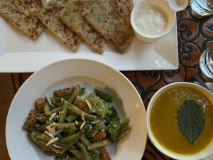 Pumpkin soup, pesto pasta and the bread parantha (?) with potato at Suananda Vegetarian Garden in Bangkok