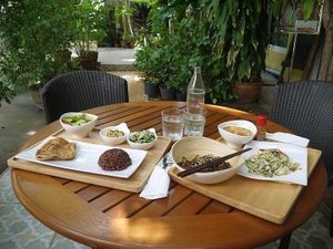 Thanon Pan (Green Curry) and Noodles With Tofu. at Suananda Vegetarian Garden in Bangkok
