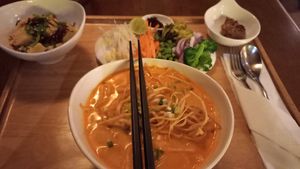 Be nice to your neighbour, a dish from Myanmar. Loved it! at Suananda Vegetarian Garden in Bangkok