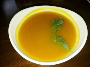 Tomato and pumpkin soup at Suananda Vegetarian Garden in Bangkok