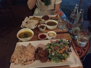 Falafel pita and hummus with soup, salad and a bottle of water around 300 at Suananda Vegetarian Garden in Bangkok