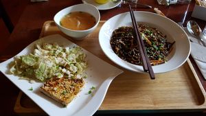 Soba noodles, tofu and miso soup at Suananda Vegetarian Garden in Bangkok