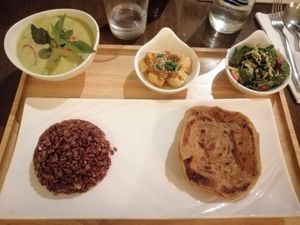 Green curry Set meal with parantha at Suananda Vegetarian Garden in Bangkok