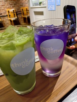 Matcha soy latte and lavender lemonade at Think Coffee in Tokyo