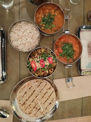 Bel puri, tea infused chickpeas, potato curry, basmati rice, chapatis at Mowgli in Chelmsford