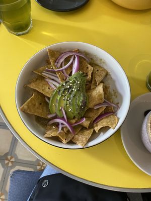 Green chilaquiles (without cream or cheese)  at Cafe Regina in Mexico City