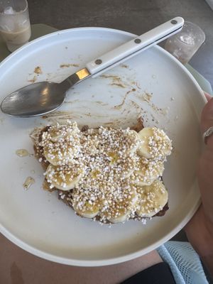 Half of an almond butter toast  at Cafe Regina in Mexico City