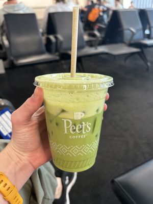 Medium (12oz) matcha latte with almond milk. Great taste! Mix isn’t sweetened but you can ask to add syrup or add sugar packets yourself.   at ATL - Roast Coffee House - Concourse B in Atlanta