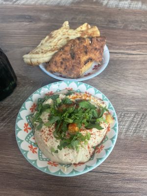 Complimentary pita chips and hummus   at Pita House in Tarrytown