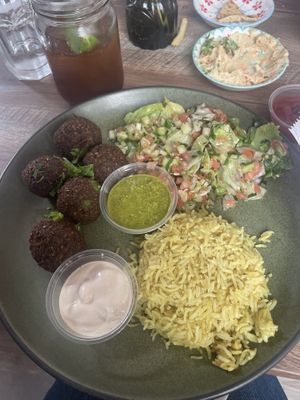 Falafel platter and the best iced tea (cinnamon mint)  at Pita House in Tarrytown