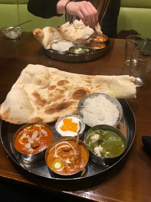 Lunch menu - 3 vegetable curries, with naan and rice refills and drink 1050JPY at Namaste Shokudou in Matsuyama