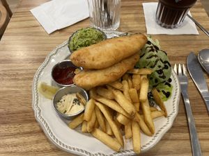 Fish and chips with mushy peas  at Cafe Zi - 梔子 in Kowloon