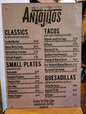 The menu as of 9 August 2024 at Antojitos in Glasgow
