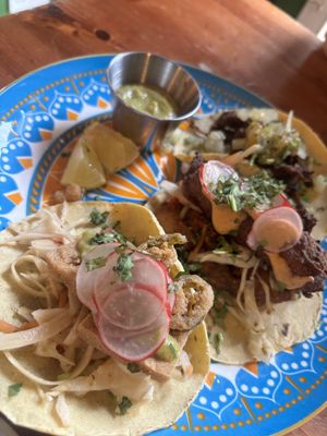 Tacos - jalapeno tofu, quesoeno tofu, seitan barbacoa  at Antojitos in Glasgow
