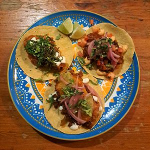 Taco Trio Dec 25 - chkn al pastor, chorixo con papas and vera cruzana at Antojitos in Glasgow
