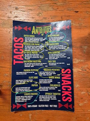 Circled what we ordered - Menu December 25 at Antojitos in Glasgow