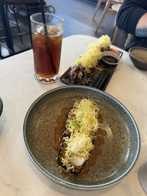 Peach iced tea, fried chicken roll, miso eggplant (too salty, adding a side of rice to make it a meal would help with that)  at Origami - Napier in Napier