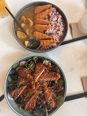 Vegan chicken curry and vegan chicken salad, both very tastyy  at Origami - Napier in Napier
