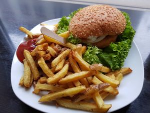Vegan chicken burger with fries. at Green Republic in Erfurt