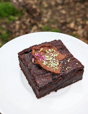 Vegan brownie with chocolate cream at Gatto  in Yerevan