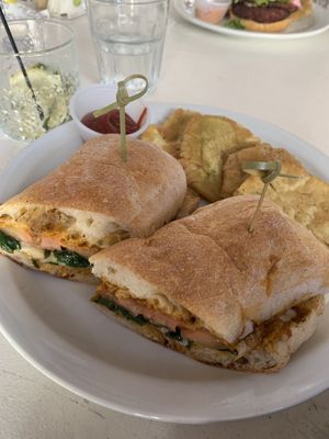 Vegan romesco sandwich with tostones  at St Germain Bistro and Cafe in San Juan