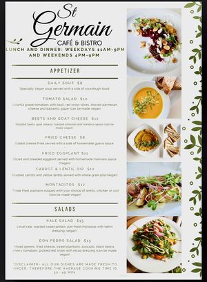 App menu  at St Germain Bistro and Cafe in San Juan
