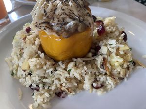Lentil stuffed pepper on almond cranberry pilaf with vegan cheesee they could  at St Germain Bistro and Cafe in San Juan