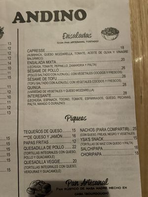 Menu with a vegan saad  at Cafe Andino in Huaraz