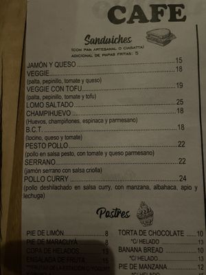 Menu  at Cafe Andino in Huaraz