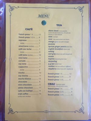 Drink menu  at Cafe Andino in Huaraz