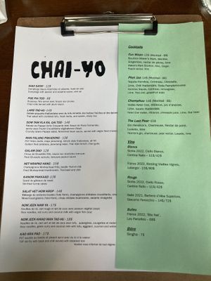 Night menu  at Chai - Yo  in Montreal