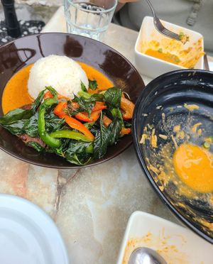 ped yang panang curry with vegan duck and nom jeen nam ya red curry noodle soup with "fish" at Chai - Yo  in Montreal