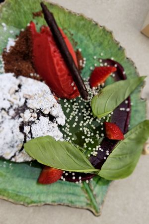 Vegan chocolate cake with strawberry sorbet at Tischlein Deck Dich  in Mittenwald