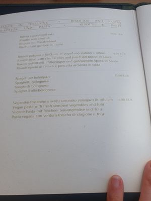 Vegan pasta with tofu = 18,9 euro at Hotel Starkl in Bled