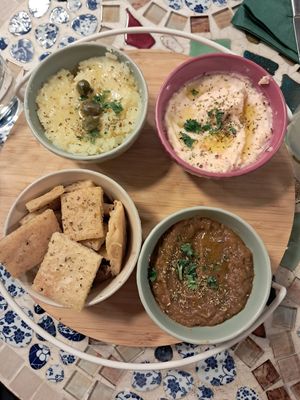 Potato & garlic dip, spicy feta dip and aubergine dip at The Crazy Little Greek in Berlin