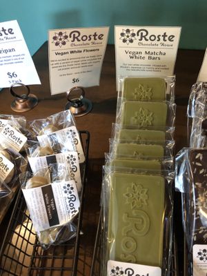 Vegan matcha white chocolate and vegan matcha chocolate and vegan marzipan chocolate   at Roste Chocolate House in Portland