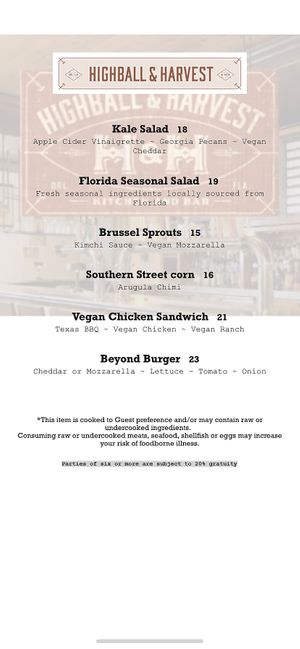 Menu  at Highball & Harvest in Orlando