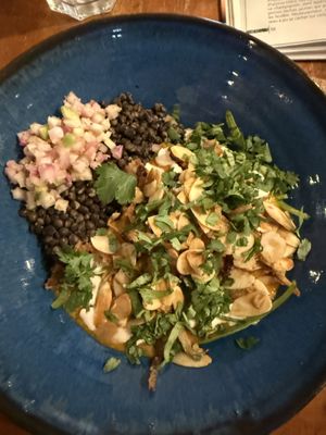 Lentil duo main course  at Le Champ du Vagabond in Briancon