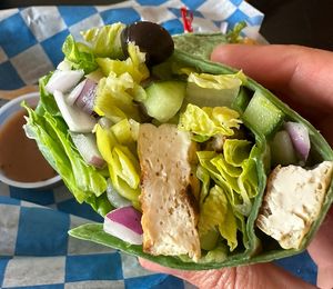 Greek Wrap minus feta and Greek dressing, add Tofu!  at Polly's At the Pier in St Croix