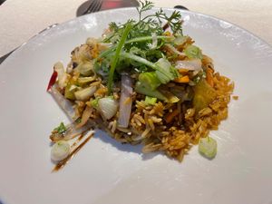 Tasty beans and rice with salad and a mouth warming chilli kick at Iguana Crossing Boutique Hotel in Puerto Villamil