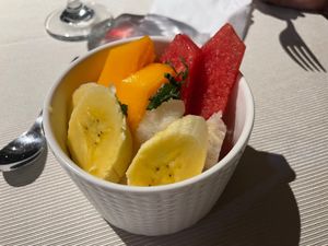 Mixed fruit dessert at Iguana Crossing Boutique Hotel in Puerto Villamil