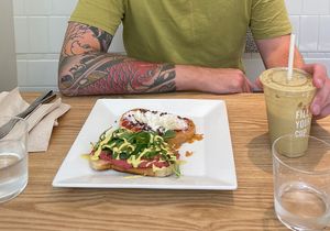 Banana and peanut butter toast/hummus toast   at Unrefined Wellness Bar in Eugene