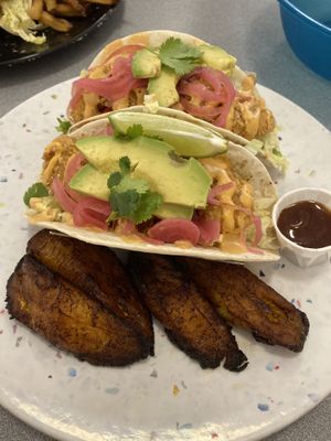 Vegan Baja Shrimp Tacos with fried plantains and jerk sauce  at Sealevel City Vegan Diner in Wilmington