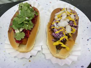 Buffalo Crunchy Dog & Carolina Dog   at Sealevel City Vegan Diner in Wilmington